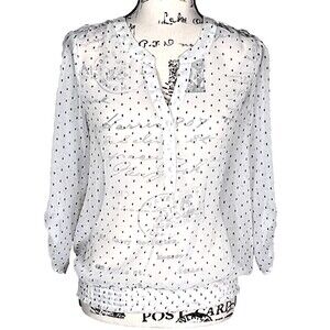 The Limited Sz S Sheer Blouse White with Black Pattern Button Up Elastic Waist